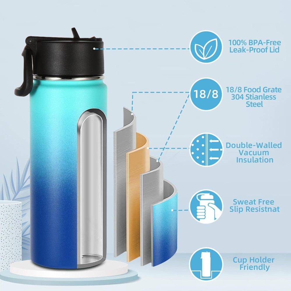 Credrink 18oz Kids Insulated Water Bottle Stainless Steel Water Bottles with Straw Lid Double Wall Vacuum Reusable Metal Thermos Water Bottle Wide Mouth Sports Water Flask For Cold Drink