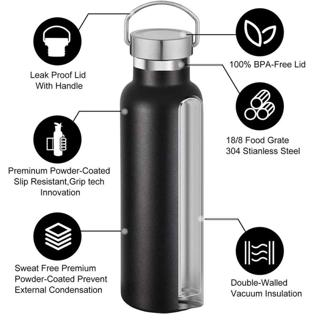 Botella de agua aislada Credrink de 20 oz, botella de agua de acero inoxidable al vacío, botella de agua de boca estándar, botella de agua de metal con tapa con asa