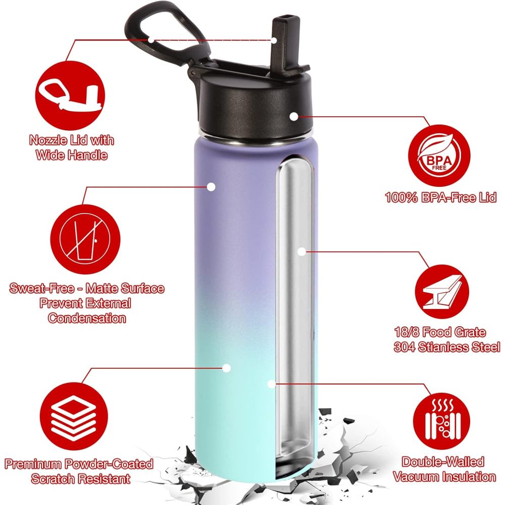 Credrink 22 oz Insulated Water Bottles with Straw Lid Stainless Steel Sports Bottle with Handle Double Walled Metal Travel Water Thermos with Wide Mouth Reusable Water Flask for School