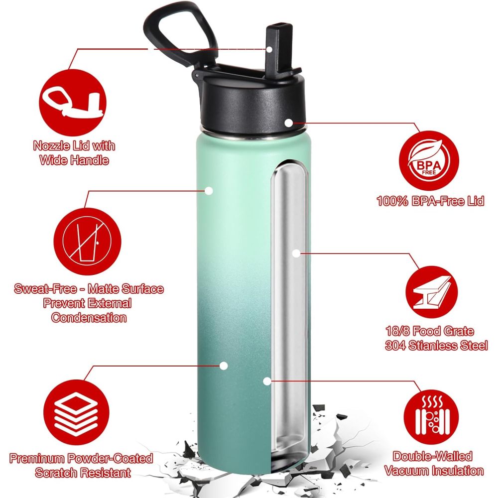 Credrink 24 Ounce Insulated Water Bottle With Straw Lid Stainless Steel Wide Mouth Sport Bottles With Handle Double Wall Vacuum Thermos Keep Cold Reusable Travel Thermal Cups For Holder Gym