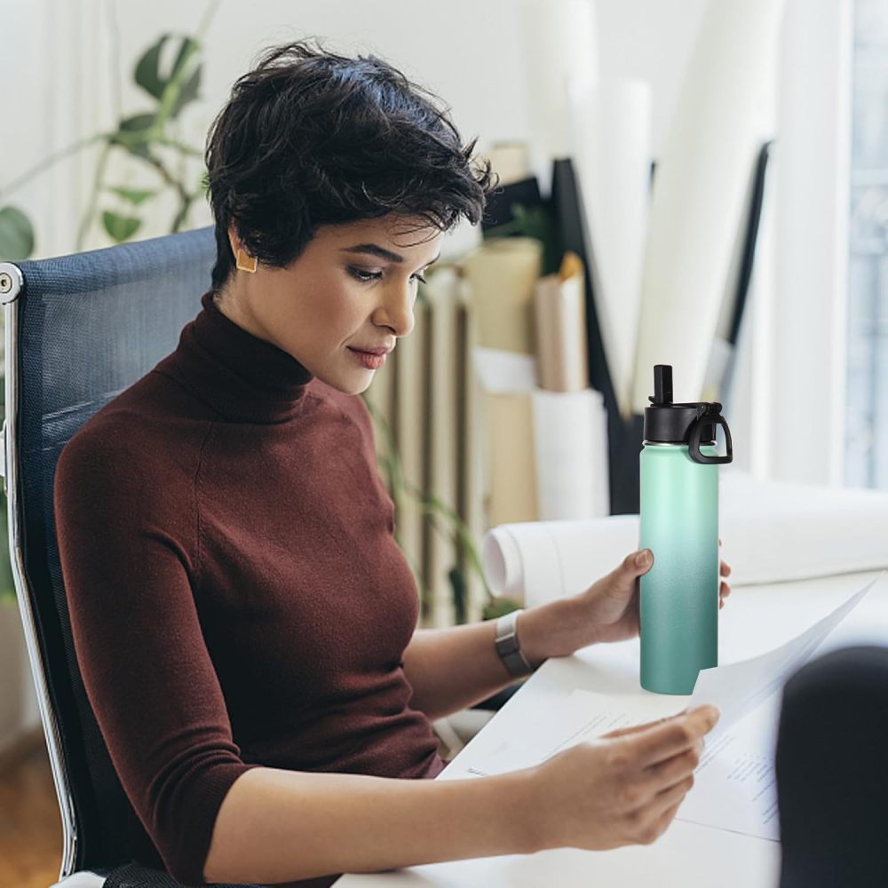 Credrink 24 Ounce Insulated Water Bottle With Straw Lid Stainless Steel Wide Mouth Sport Bottles With Handle Double Wall Vacuum Thermos Keep Cold Reusable Travel Thermal Cups For Holder Gym