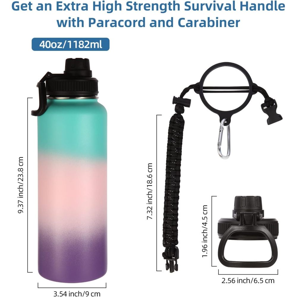Credrink 40 oz Insulated Water Bottles Paracord Handle Stainless Steel Sports Bottle with Spout Lid Reusable Double Walled Vacuum Metal Travel Thermos with Wide Mouth for Adults 