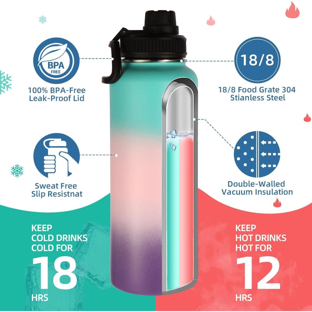 Credrink 40 oz Insulated Water Bottles Paracord Handle Stainless Steel Sports Bottle with Spout Lid Reusable Double Walled Vacuum Metal Travel Thermos with Wide Mouth for Adults 