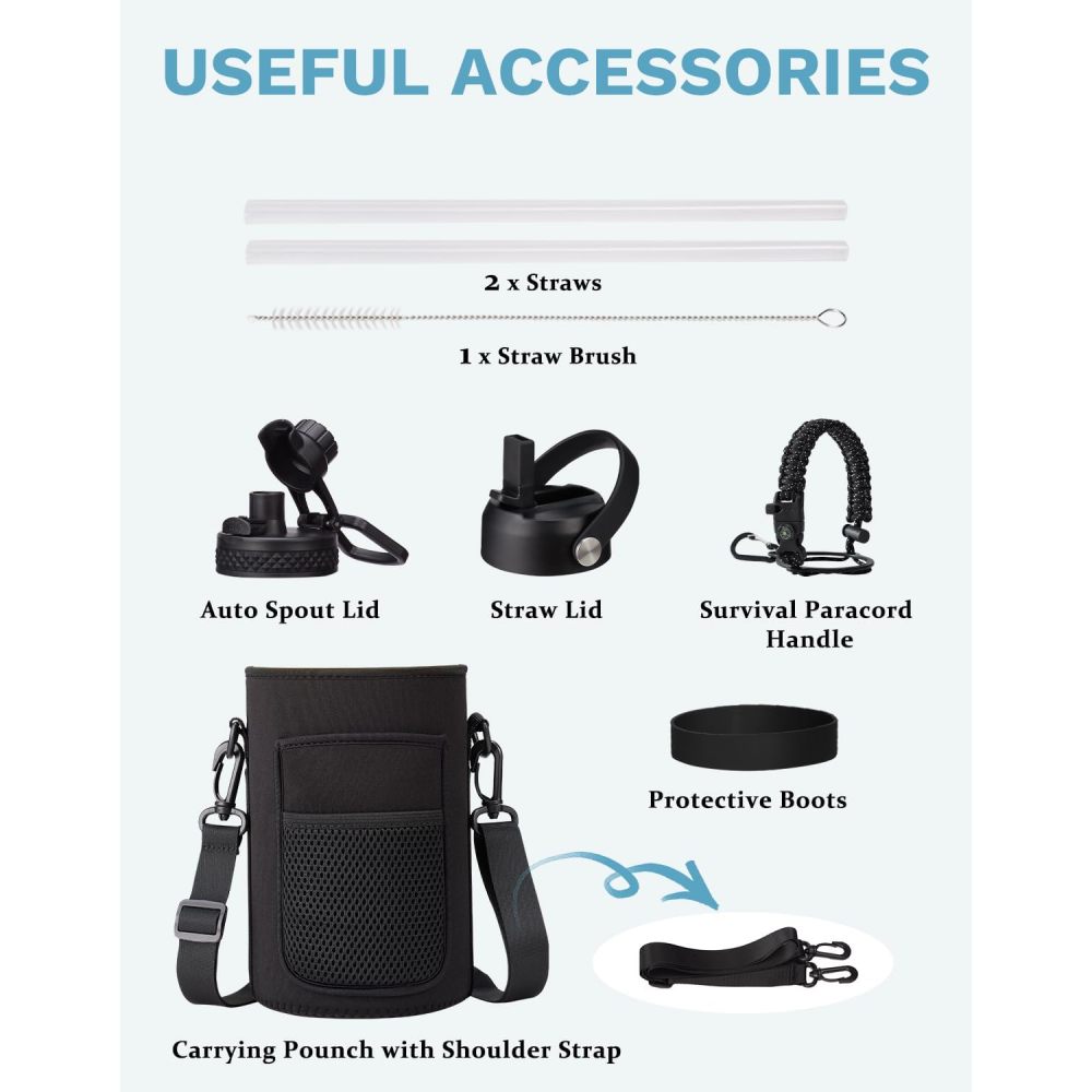 Credrink 64 oz Water Bottle with Straw & Spout Lids Paracord Handle, Carrier Bag, Triple-wall Vacuum Half Gallon Jug Keep Cold 48H Stainless Steel Metal Flask Large Insulated Water Bottle for Man Fitness