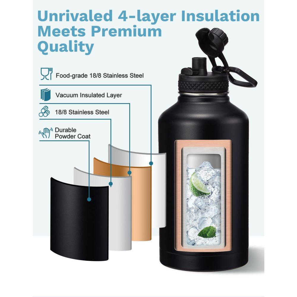 Credrink 64 oz Water Bottle with Straw & Spout Lids Paracord Handle, Carrier Bag, Triple-wall Vacuum Half Gallon Jug Keep Cold 48H Stainless Steel Metal Flask Large Insulated Water Bottle for Man Fitness