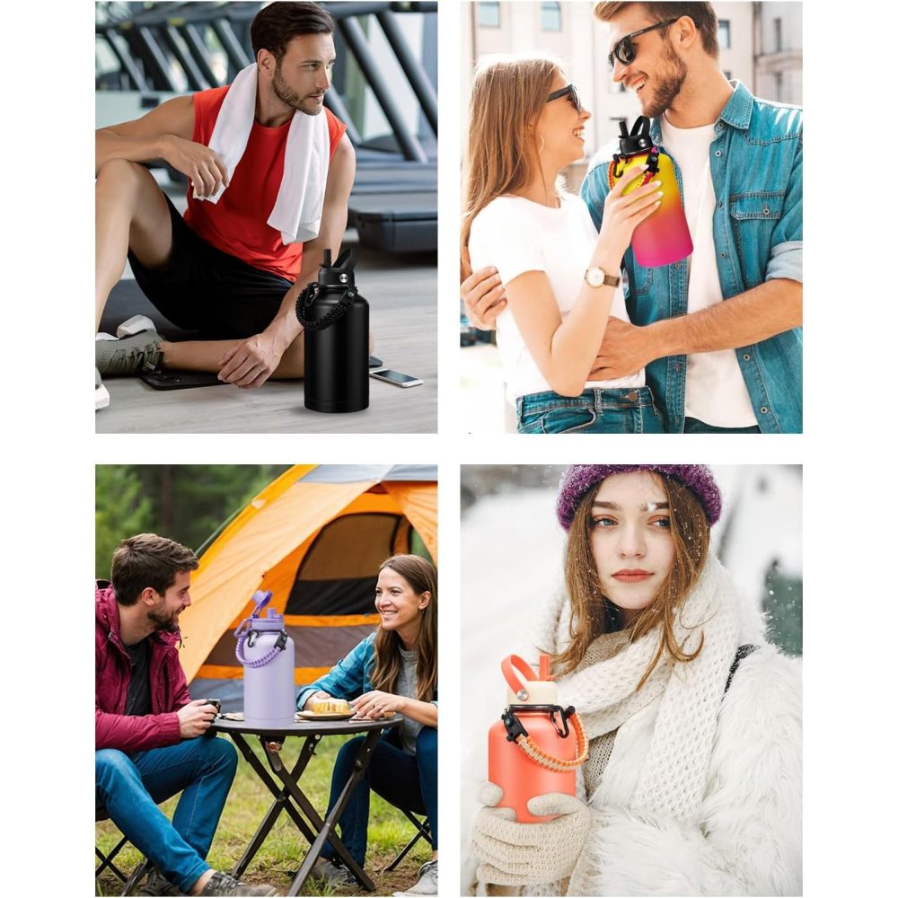 Credrink 64 oz Water Bottle with Straw & Spout Lids Paracord Handle, Carrier Bag, Triple-wall Vacuum Half Gallon Jug Keep Cold 48H Stainless Steel Metal Flask Large Insulated Water Bottle for Man Fitness