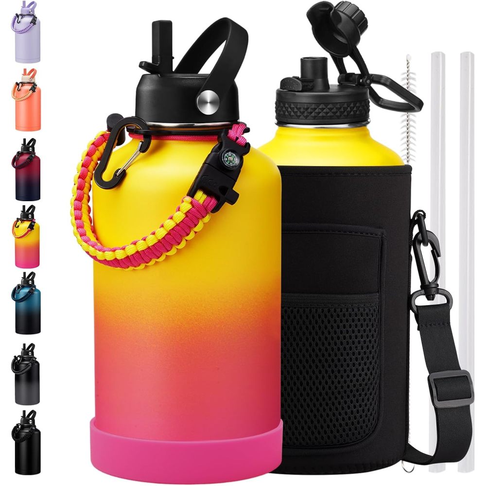 Credrink 64 oz Water Bottle with Straw & Spout Lids Paracord Handle, Carrier Bag, Triple-wall Vacuum Half Gallon Jug Keep Cold 48H Stainless Steel Metal Flask Large Insulated Water Bottle for Man Fitness