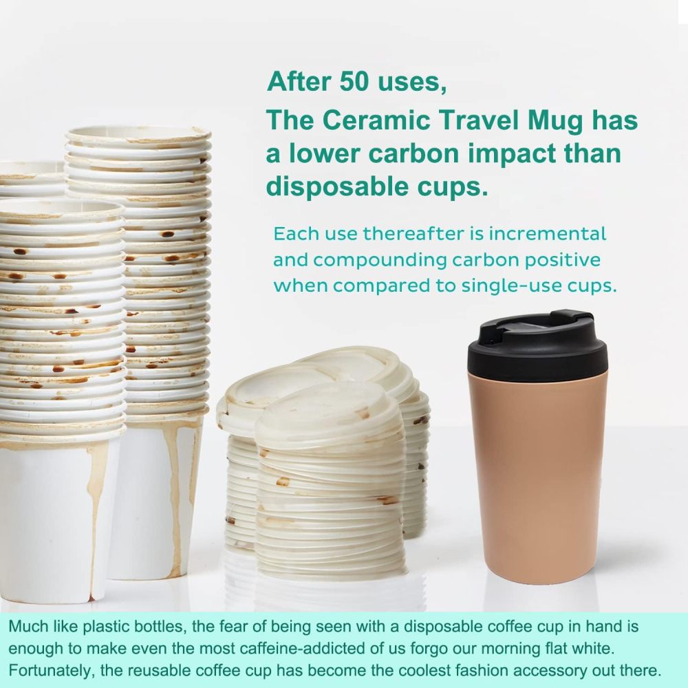 Tasse de voyage en céramique Credrink 380 ml, tasse réutilisable avec doublure en céramique, tasse isotherme en céramique, étanche, respectueuse de l'environnement pour boissons chaudes et froides