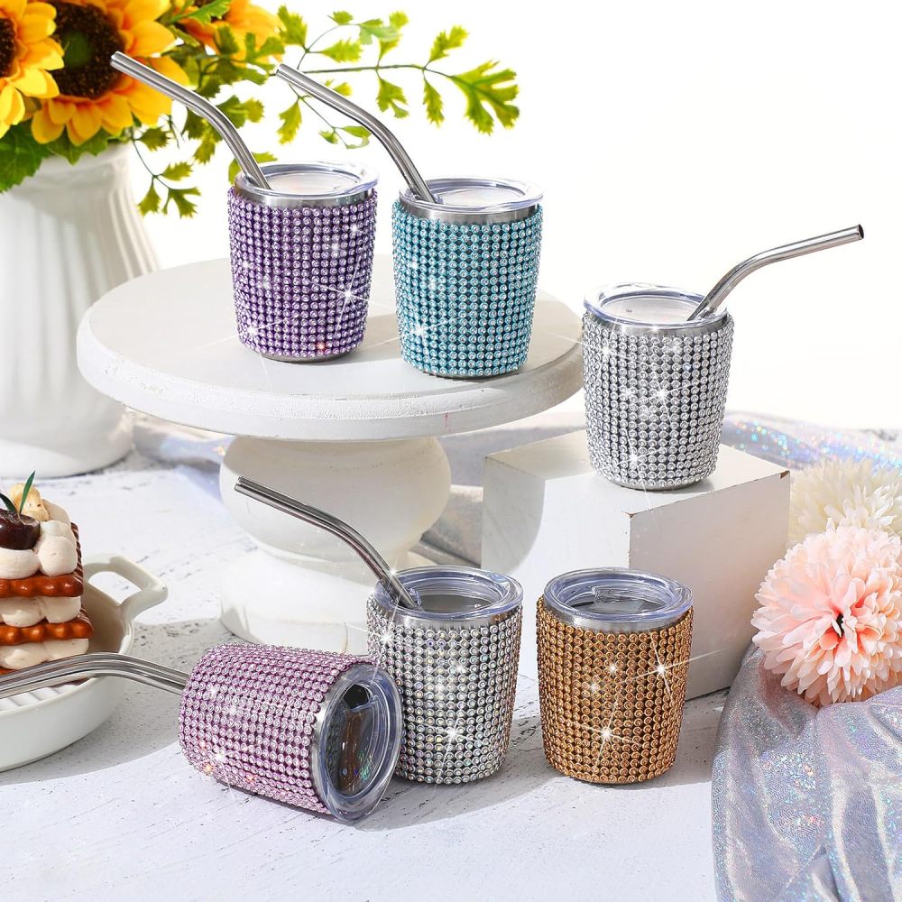 Vaso de chupito Credrink Bling Mini, vaso de chupito con forma de diamante con pajita y tapa, bonito vaso de chupito de acero inoxidable de doble pared con purpurina para fiestas, bares, viajes y acampadas