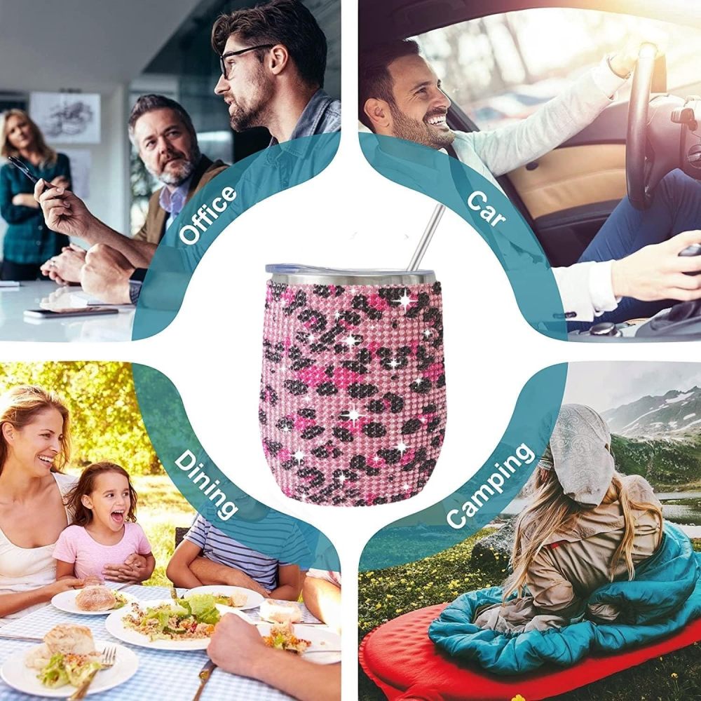 Credrink 12oz/350ml 스파클 텀블러 컬렉션, 글리터 블링 다이아몬드 라인스톤 와인 텀블러, 뚜껑과 빨대가 있는 스테인리스 스틸 단열 컵