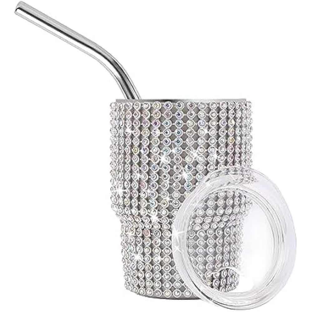 Credrink  Mini Tumbler Shot Glass Diamond Shot Glass Stainless Steel Bling Tumbler with Straw and Lid Shot Glass Tumbler for Champagne Cocktails Beer Parties Travel
