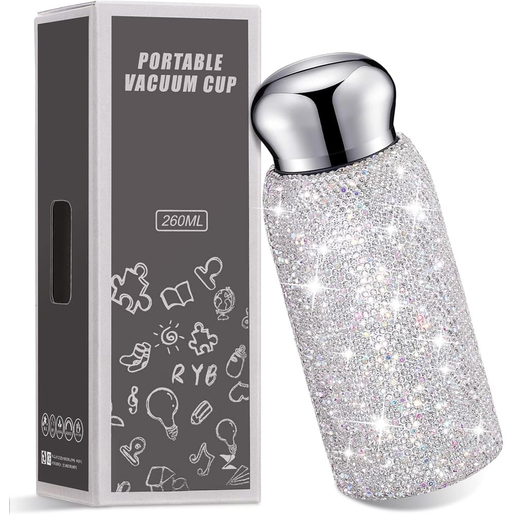 Botella de agua con diamantes de imitación Credrink, botella de agua con diamantes brillantes, regalo de Navidad para mujeres, botella térmica de acero inoxidable, taza aislada rellenable, botellas de agua con purpurina para mujeres, botellas, 260 ml