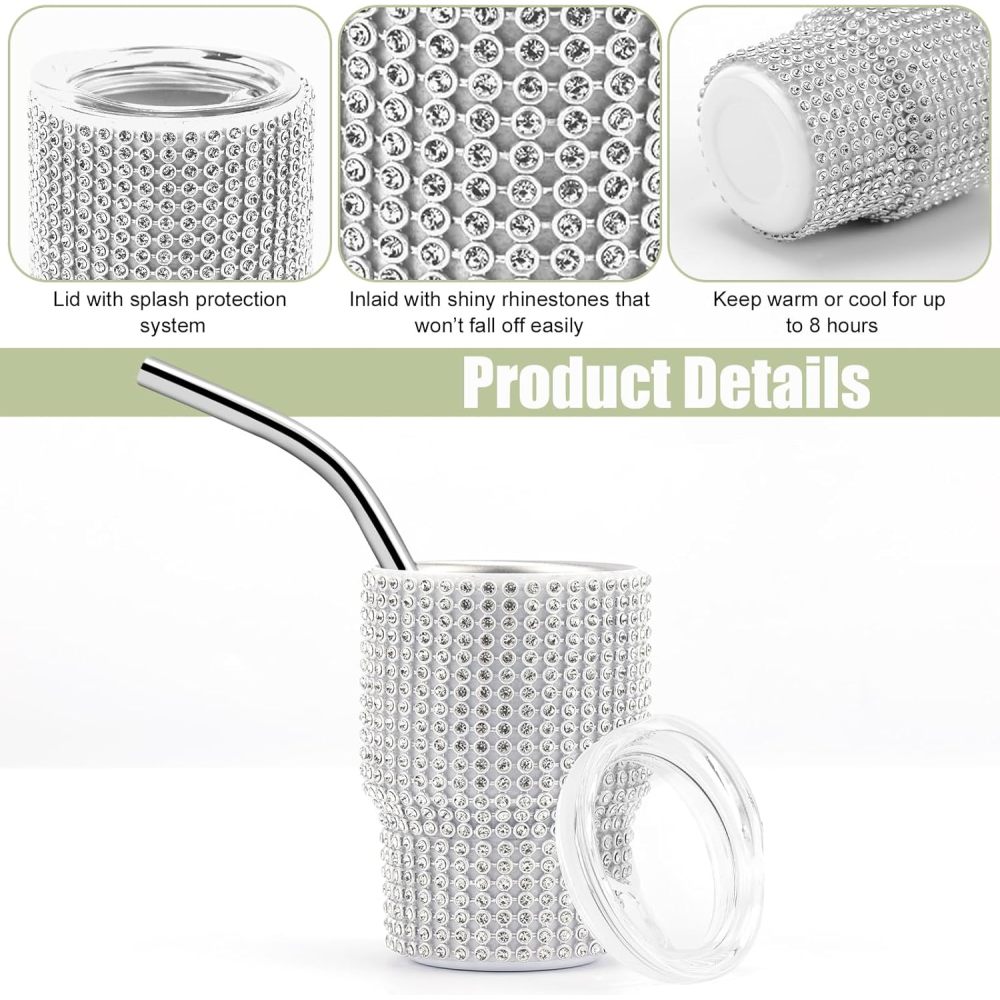 Credrink  Mini Tumbler Shot Glass Diamond Shot Glass Stainless Steel Bling Tumbler with Straw and Lid Shot Glass Tumbler for Champagne Cocktails Beer Parties Travel