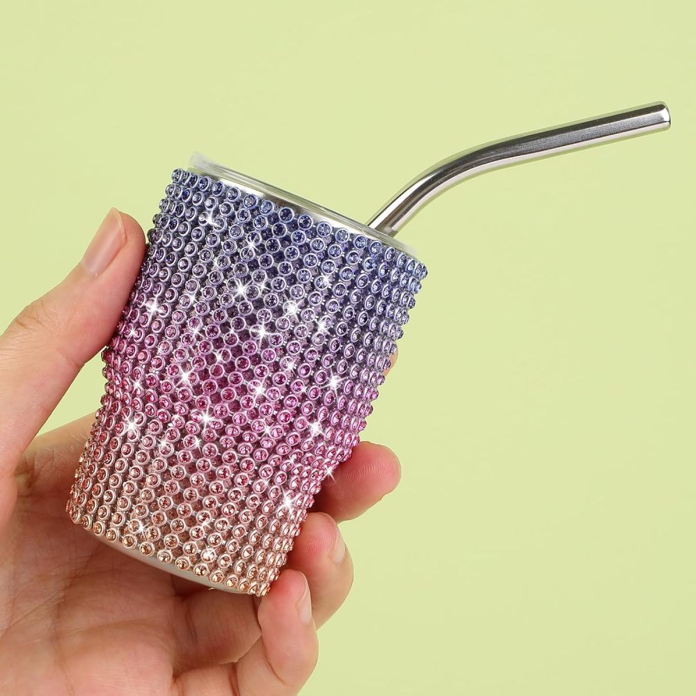 Credrink  Mini Tumbler Shot Glass Diamond Shot Glass Stainless Steel Bling Tumbler with Straw and Lid Shot Glass Tumbler for Champagne Cocktails Beer Parties Travel