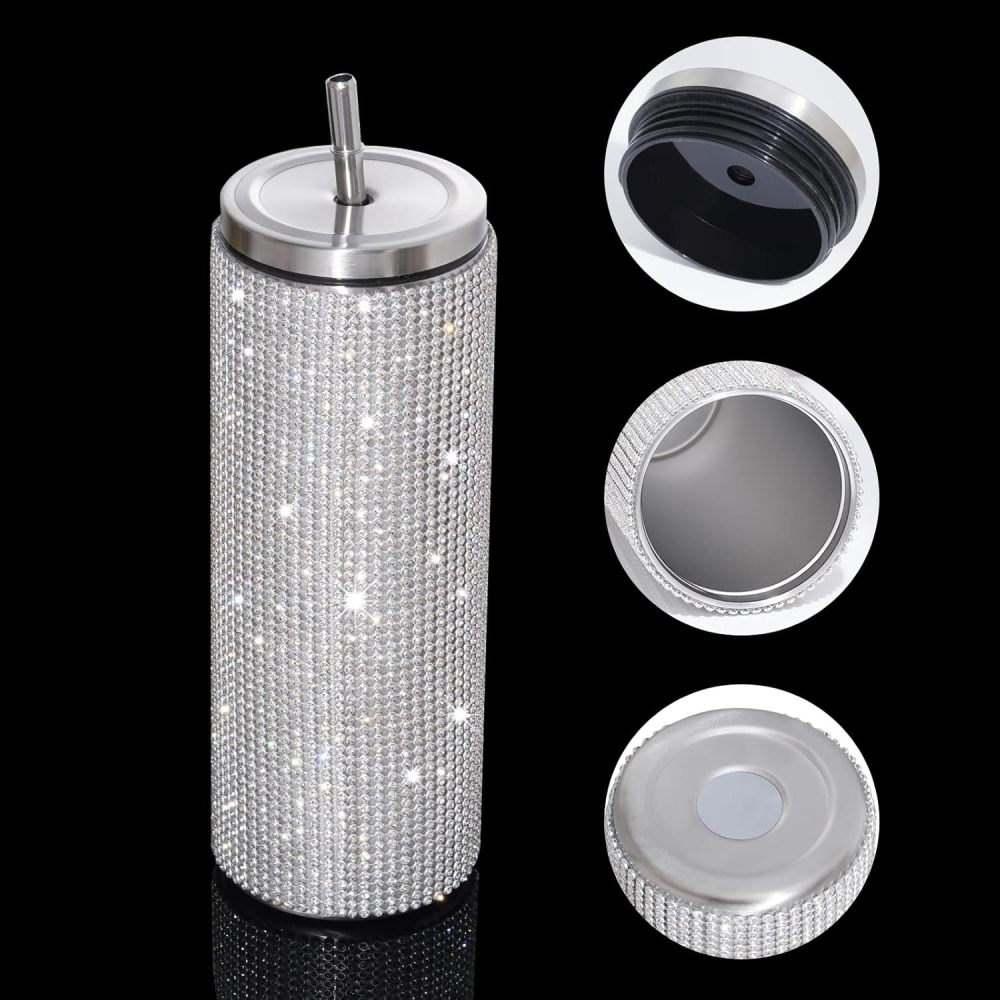 Bouteille d'eau Credrink de 20 oz avec paillettes et diamants, gobelet en acier inoxydable, gobelet isotherme avec couvercle, paille de couleur aléatoire, brosse à paille pour femme