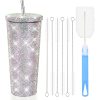 Credrink 24oz Studded Bling Diamond Tumbler Glitter Water Bottle with Lid Stainless Steel Vacuum Thermal Straw Tumbler Rhinestone Tumbler