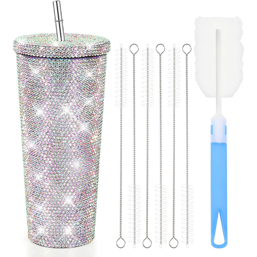 Credrink 24oz Studded Bling Diamond Tumbler Glitter Water Bottle with Lid Stainless Steel Vacuum Thermal Straw Tumbler Rhinestone Tumbler