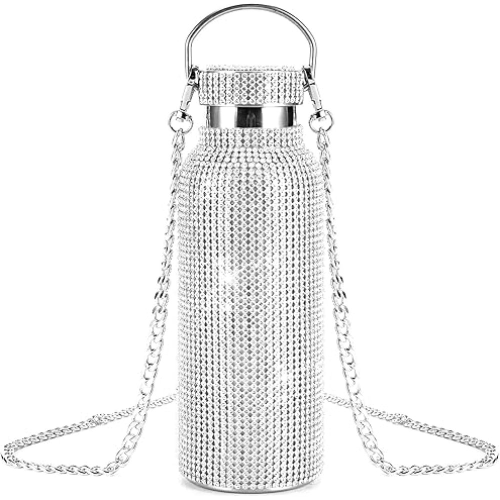 Botella térmica de agua Credrink con diamantes y brillantes de acero inoxidable, rellenable, aislada, con cadena, para mujeres y niñas, regalo