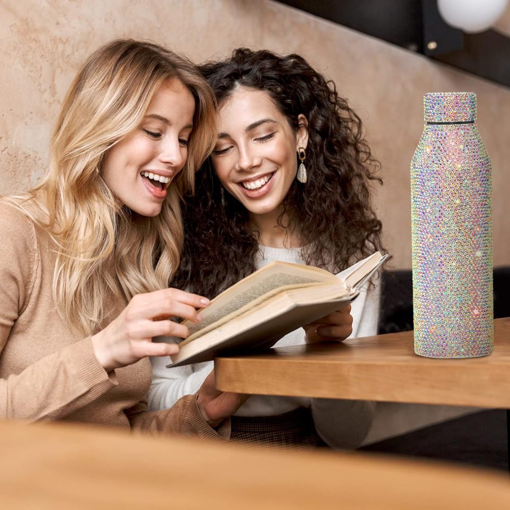Botella de agua Credrink Diamond de 25 oz, bonita botella de agua con diamantes de imitación para mujer, vaso de acero inoxidable con brillantes, vasos rellenables con brillantes, botellas con aislamiento de cristal y cepillo de esponja