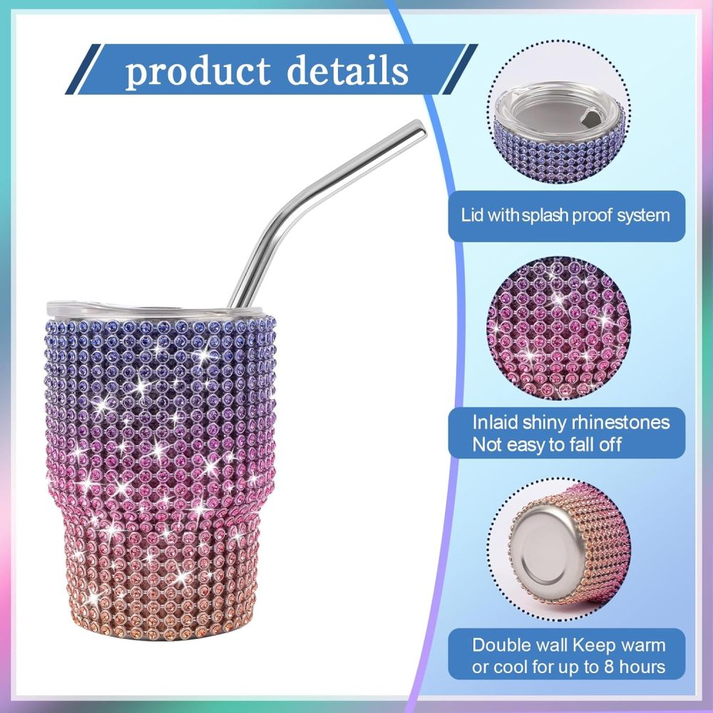 Credrink  Mini Tumbler Shot Glass Diamond Shot Glass Stainless Steel Bling Tumbler with Straw and Lid Shot Glass Tumbler for Champagne Cocktails Beer Parties Travel