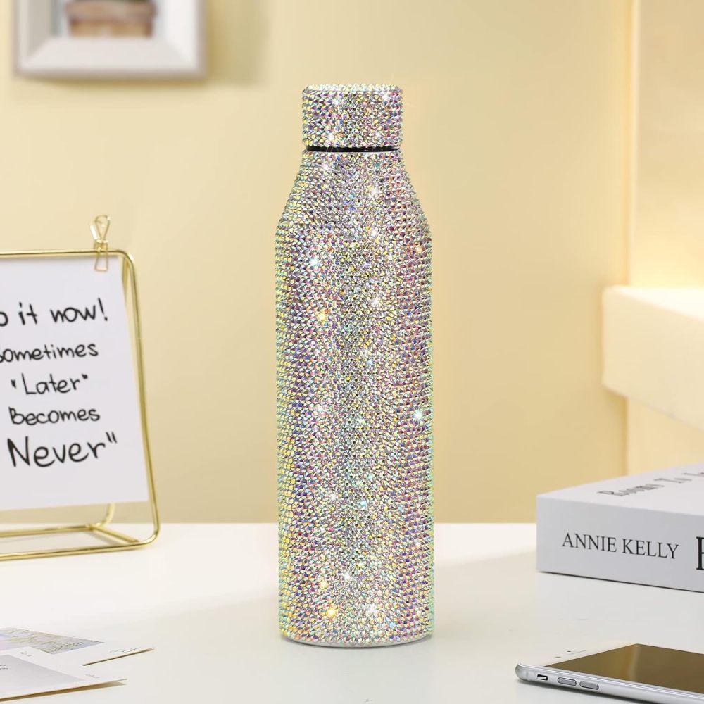 Botella de agua Credrink Diamond de 25 oz, bonita botella de agua con diamantes de imitación para mujer, vaso de acero inoxidable con brillantes, vasos rellenables con brillantes, botellas con aislamiento de cristal y cepillo de esponja