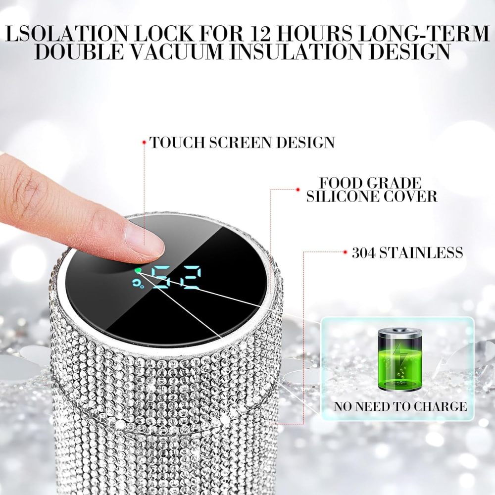 Termo de acero inoxidable con brillantes de Credrink de 500 ml/17 oz: botella de agua aislada con diamantes de imitación y pantalla LED de temperatura: regalo inteligente para niños y mujeres