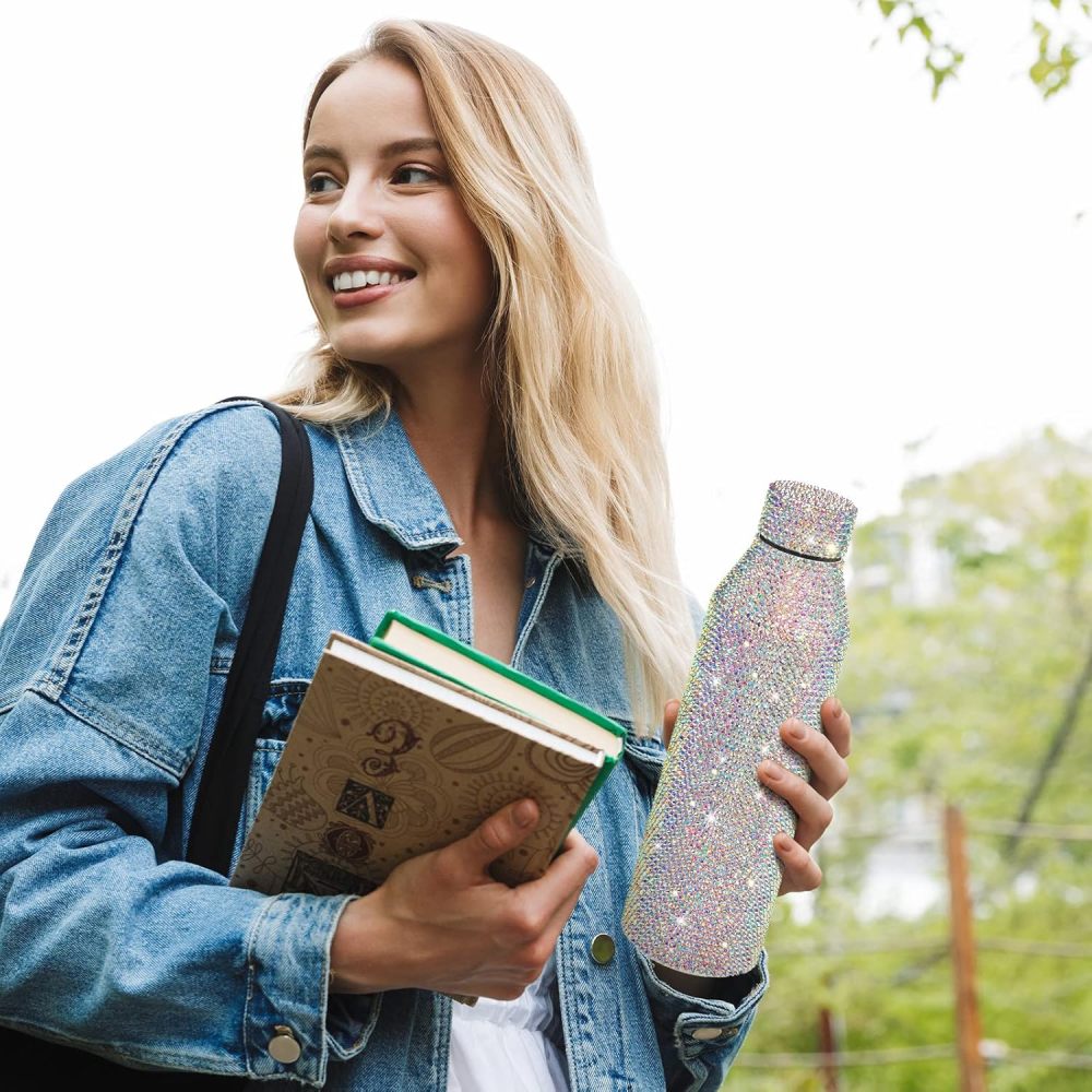 Botella de agua Credrink Diamond de 25 oz, bonita botella de agua con diamantes de imitación para mujer, vaso de acero inoxidable con brillantes, vasos rellenables con brillantes, botellas con aislamiento de cristal y cepillo de esponja