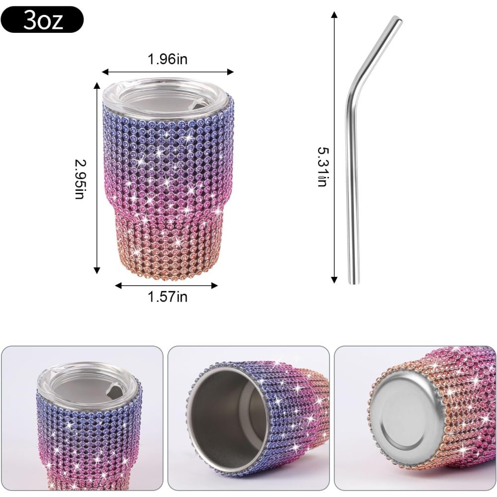 Credrink  Mini Tumbler Shot Glass Diamond Shot Glass Stainless Steel Bling Tumbler with Straw and Lid Shot Glass Tumbler for Champagne Cocktails Beer Parties Travel