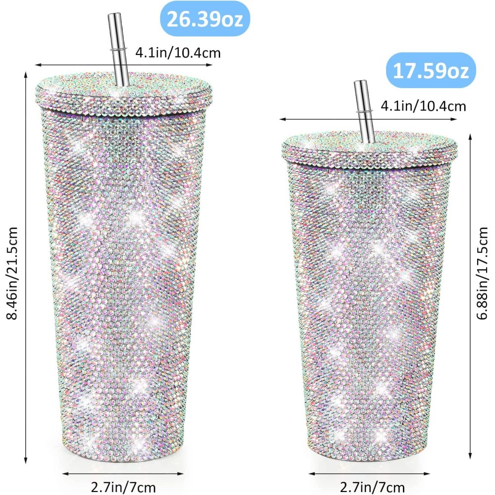 Credrink 24oz Studded Bling Diamond Tumbler Glitter Water Bottle with Lid Stainless Steel Vacuum Thermal Straw Tumbler Rhinestone Tumbler