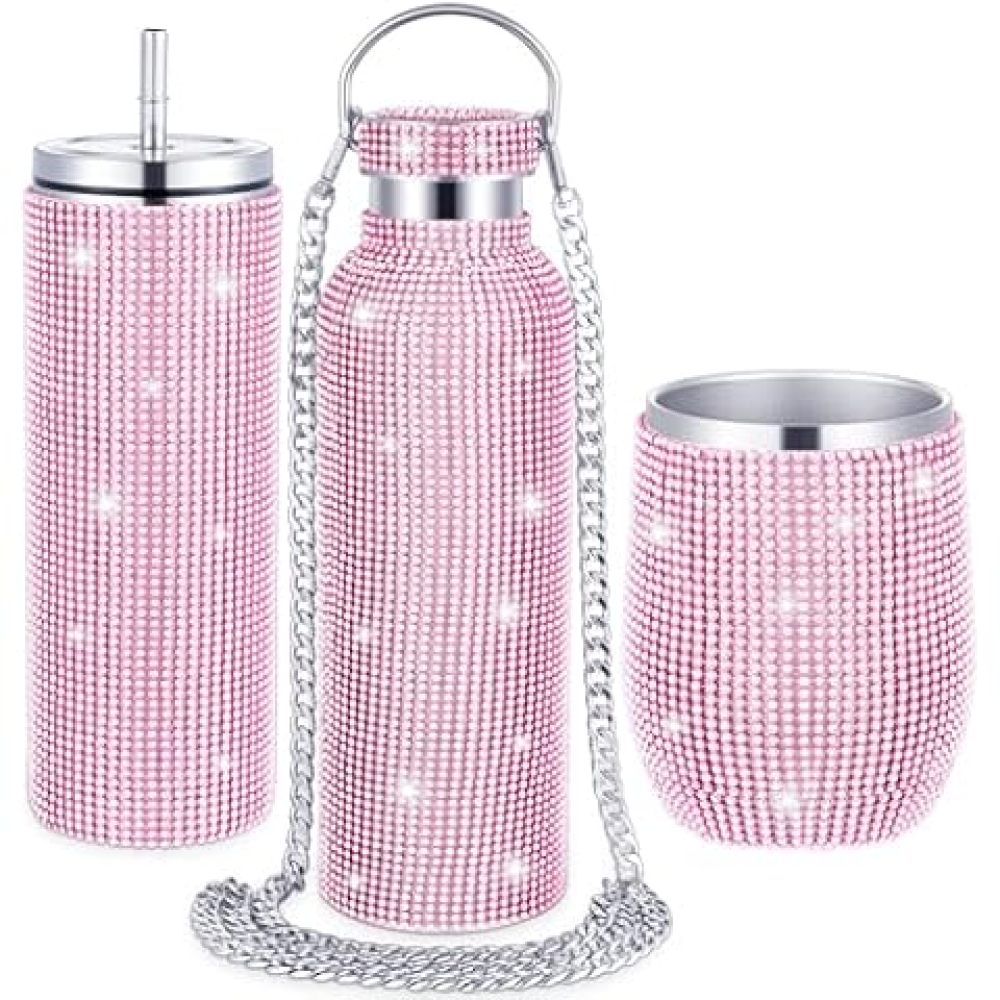 Botella térmica de agua Credrink con diamantes y brillantes de acero inoxidable, rellenable, aislada, con cadena, para mujeres y niñas, regalo