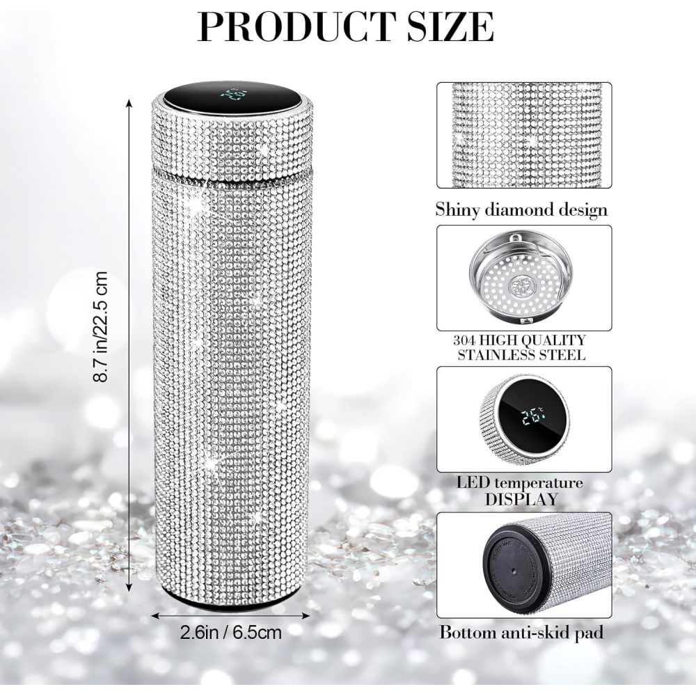 Termo de acero inoxidable con brillantes de Credrink de 500 ml/17 oz: botella de agua aislada con diamantes de imitación y pantalla LED de temperatura: regalo inteligente para niños y mujeres