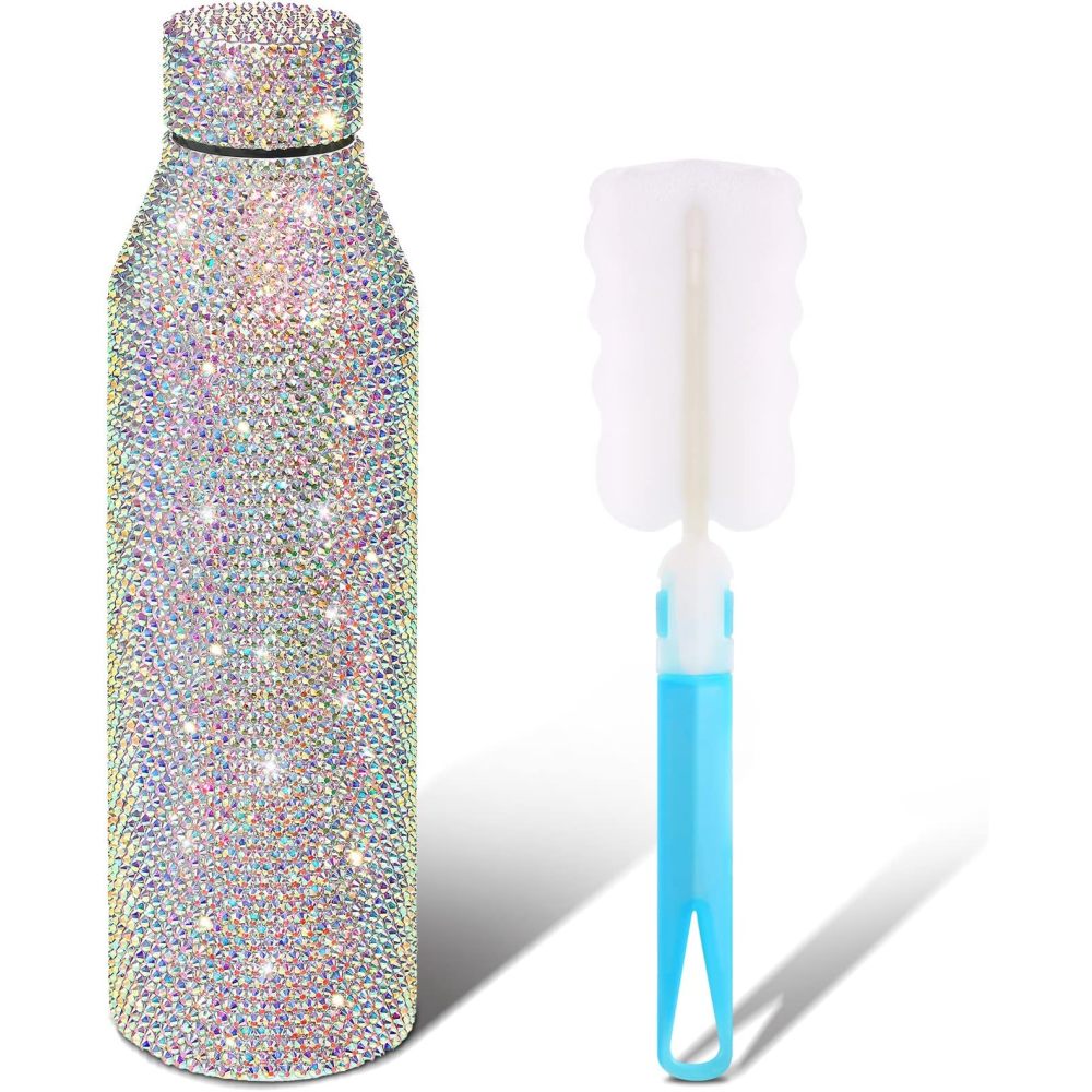 Botella de agua Credrink Diamond de 25 oz, bonita botella de agua con diamantes de imitación para mujer, vaso de acero inoxidable con brillantes, vasos rellenables con brillantes, botellas con aislamiento de cristal y cepillo de esponja
