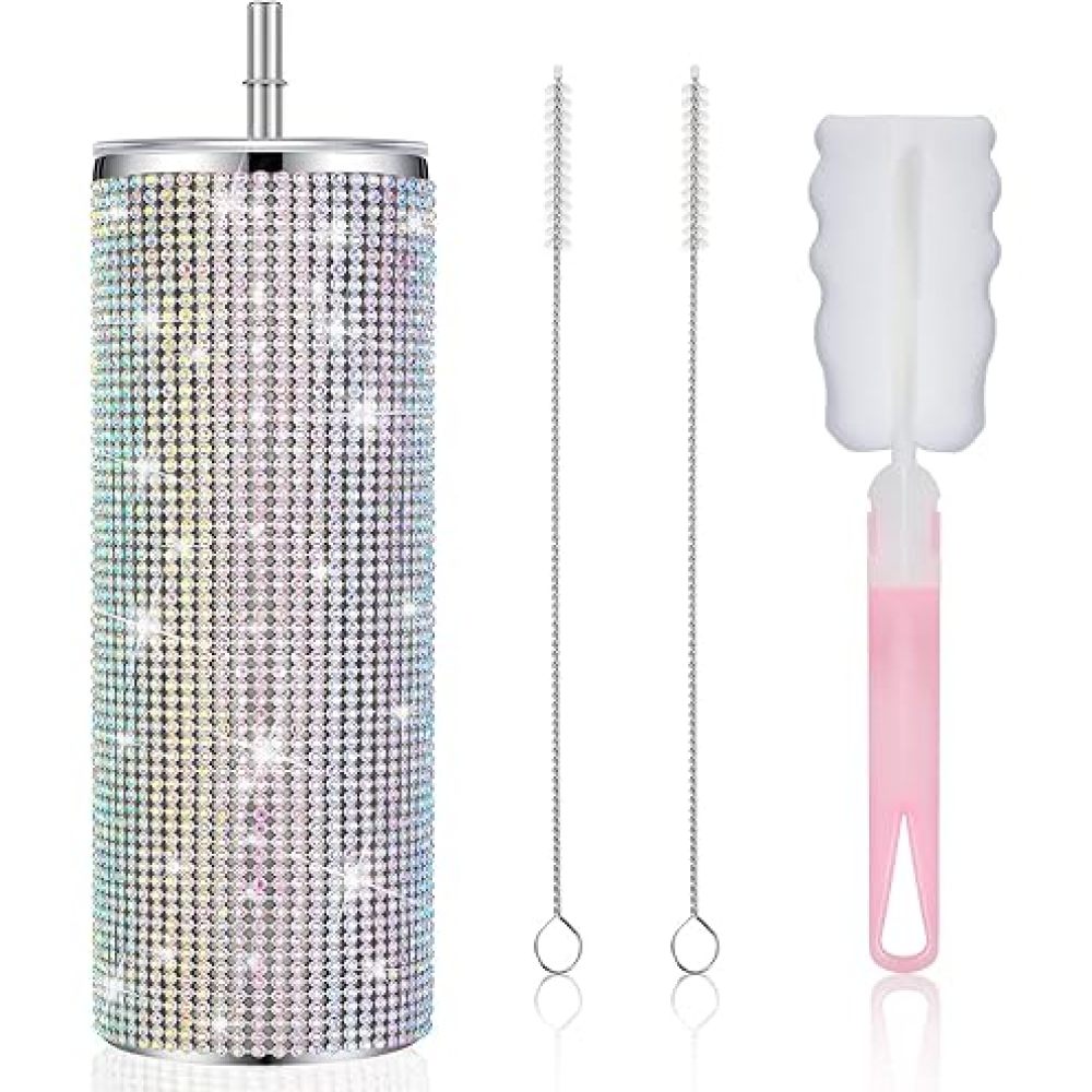 Bouteille d'eau Credrink de 20 oz avec paillettes et diamants, gobelet en acier inoxydable, gobelet isotherme avec couvercle, paille de couleur aléatoire, brosse à paille pour femme