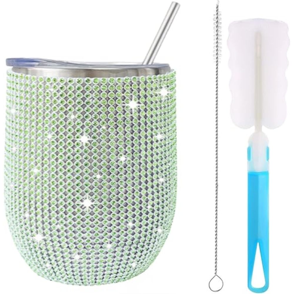 Credrink 12oz/350ml 스파클 텀블러 컬렉션, 글리터 블링 다이아몬드 라인스톤 와인 텀블러, 뚜껑과 빨대가 있는 스테인리스 스틸 단열 컵