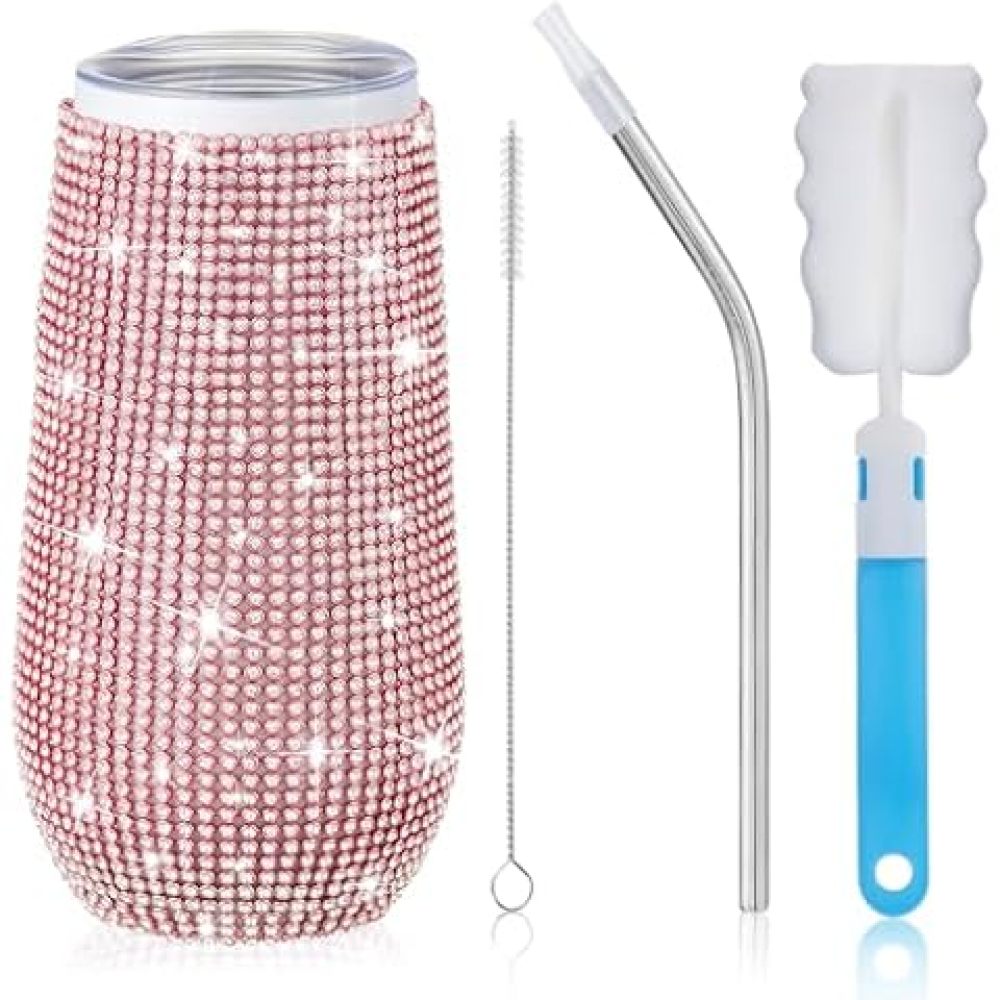 Vaso con pajita y diamantes de imitación de Credrink Bling Cups, botella de agua con purpurina, vaso con pajita de acero inoxidable, taza con aislamiento brillante con tapa y cepillo para mujeres