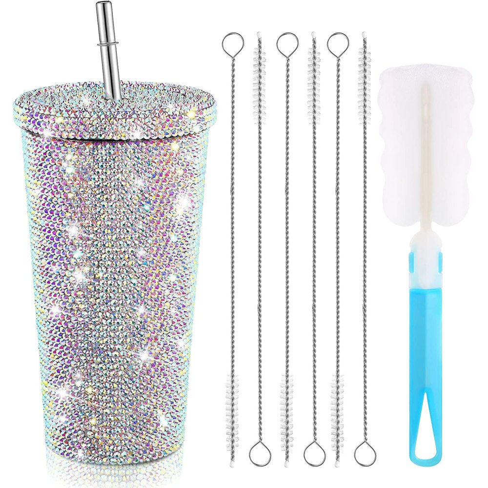 Vaso de acero inoxidable con pajita térmica y tapa con diamantes de imitación de Credrink