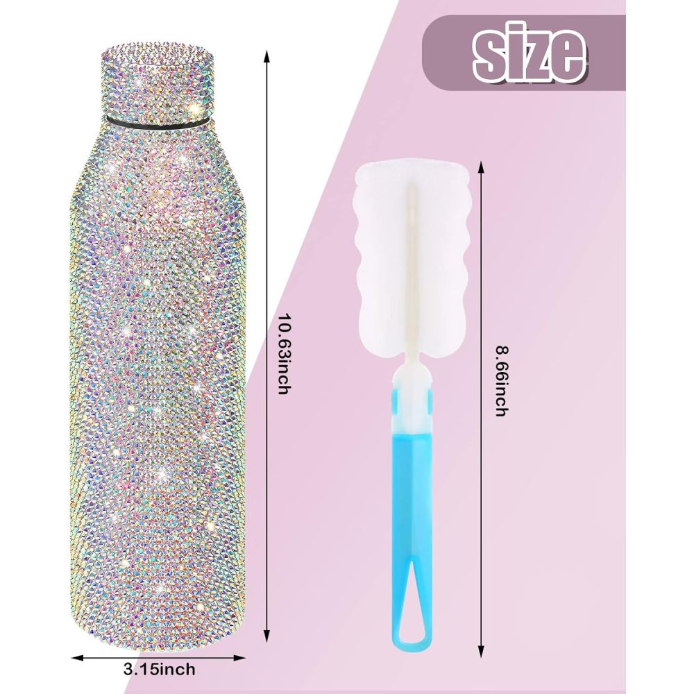 Botella de agua Credrink Diamond de 25 oz, bonita botella de agua con diamantes de imitación para mujer, vaso de acero inoxidable con brillantes, vasos rellenables con brillantes, botellas con aislamiento de cristal y cepillo de esponja