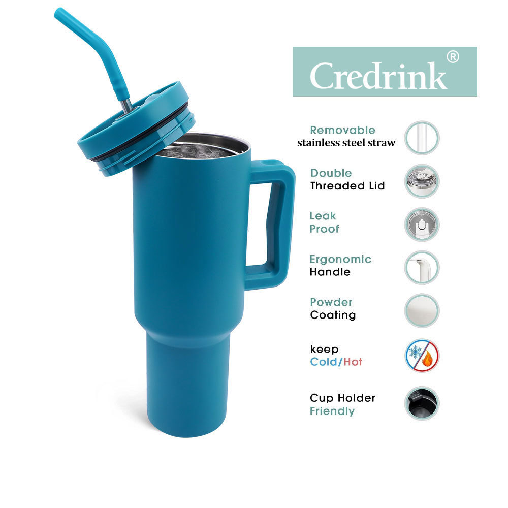Gobelet Credrink de 40 oz avec poignée et paille Gobelet isotherme 100 % étanche avec couvercle et paille Tasse de voyage en acier inoxydable