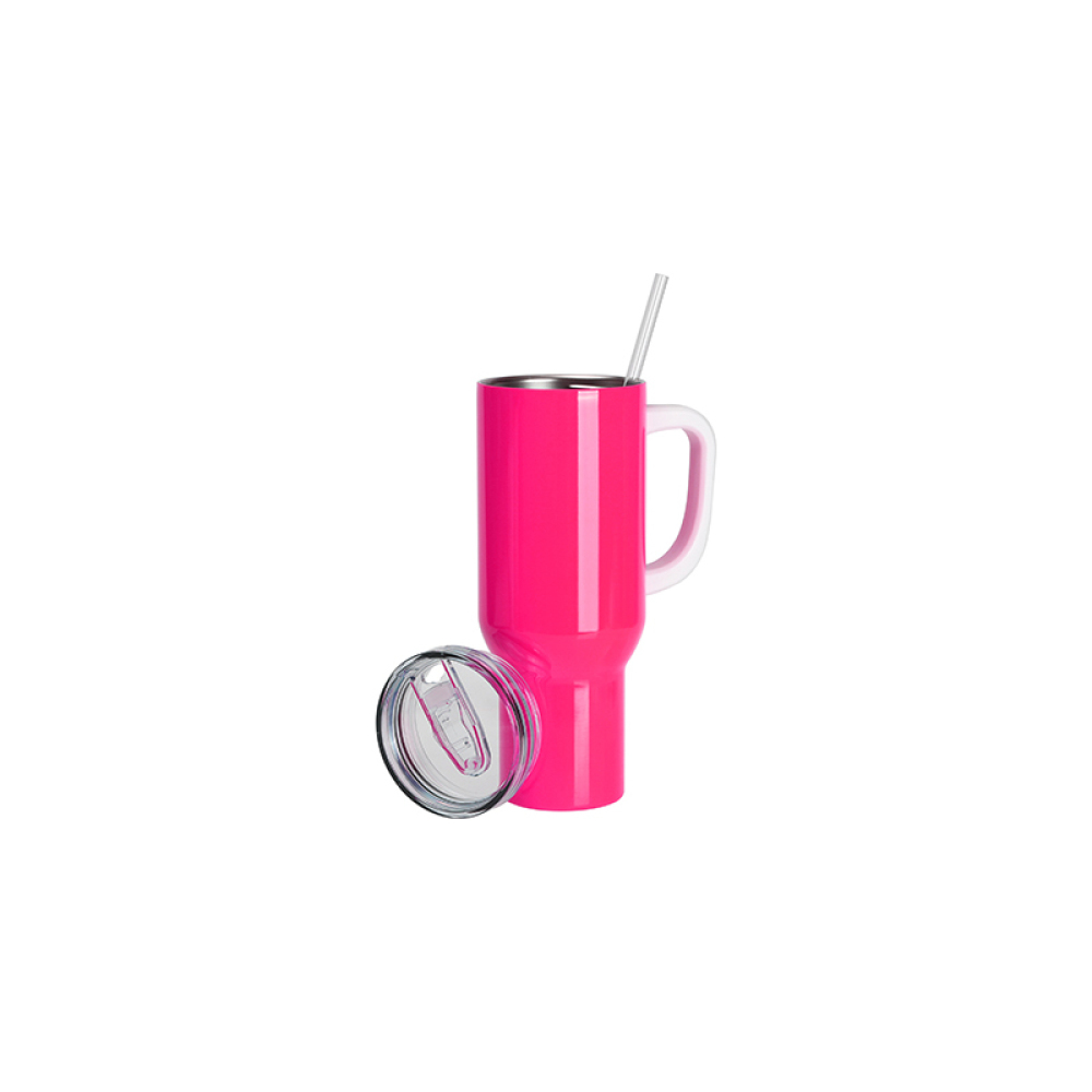 Credrink Factory Direct wholesale Sublimation Blanks 40oz/1200ml Stainless Steel Fluorescent Pink Travel Tumbler with Lid & Straw(White Handle)