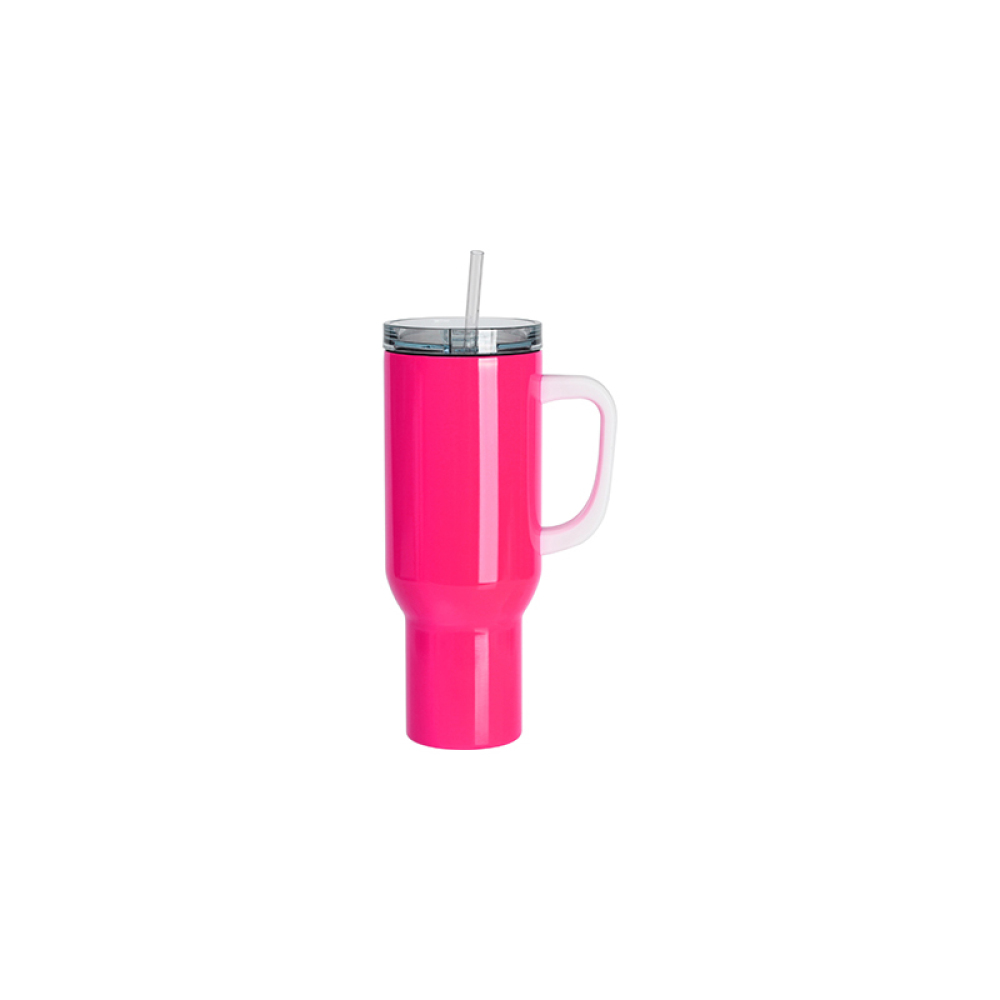 Credrink  Factory Direct wholesale Sublimation Blanks 40oz/1200ml Stainless Steel Fluorescent Pink Travel Tumbler with Lid & Straw(White Handle)