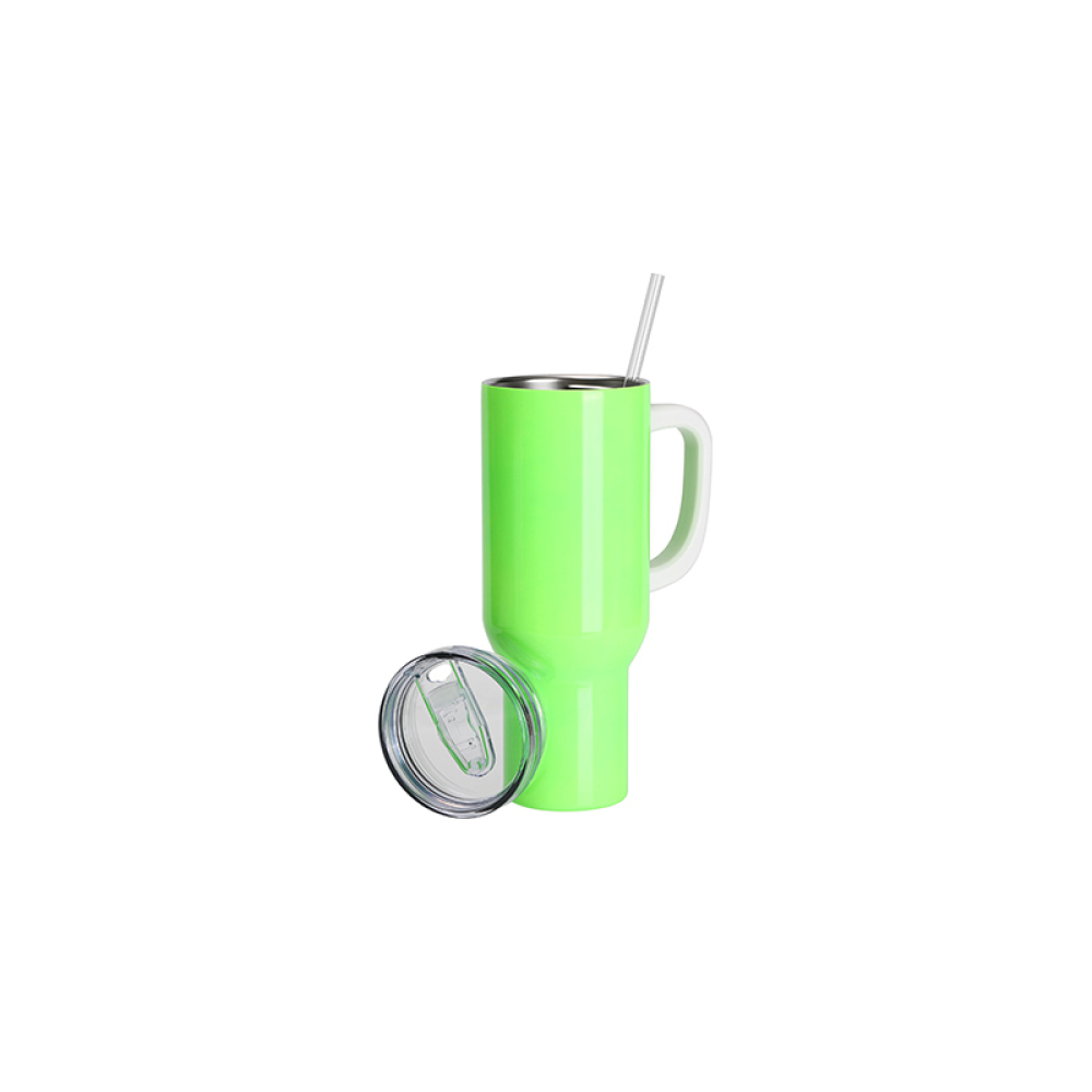 Credrink  Factory Direct wholesale Sublimation Blanks 40oz/1200ml Stainless Steel Fluorescent Green Travel Tumbler with Lid & Straw(White Handle)