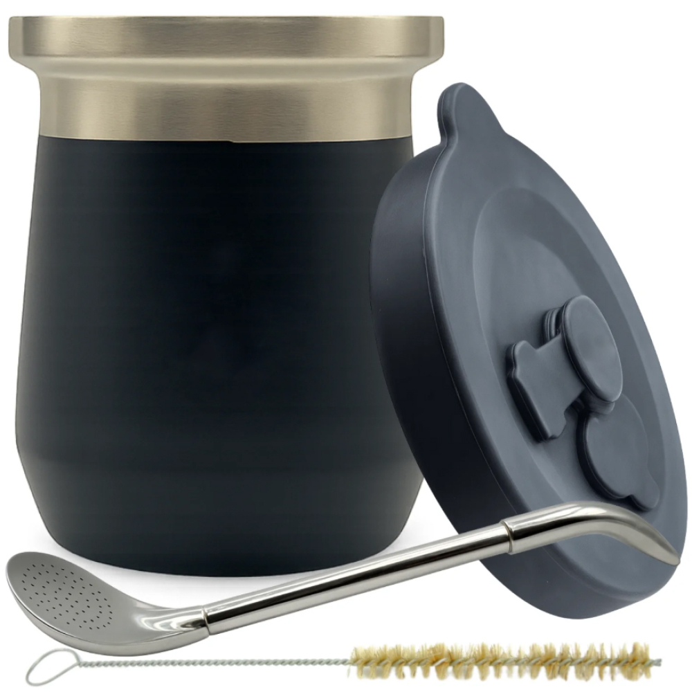 Juego de vasos para yerba mate Credrink Wholesale Termolid DualFlow PRO – Negro obsidiana con bombilla y tapa de silicona