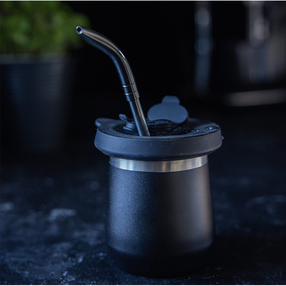 Juego de vasos para yerba mate Credrink Wholesale Termolid DualFlow PRO – Negro obsidiana con bombilla y tapa de silicona