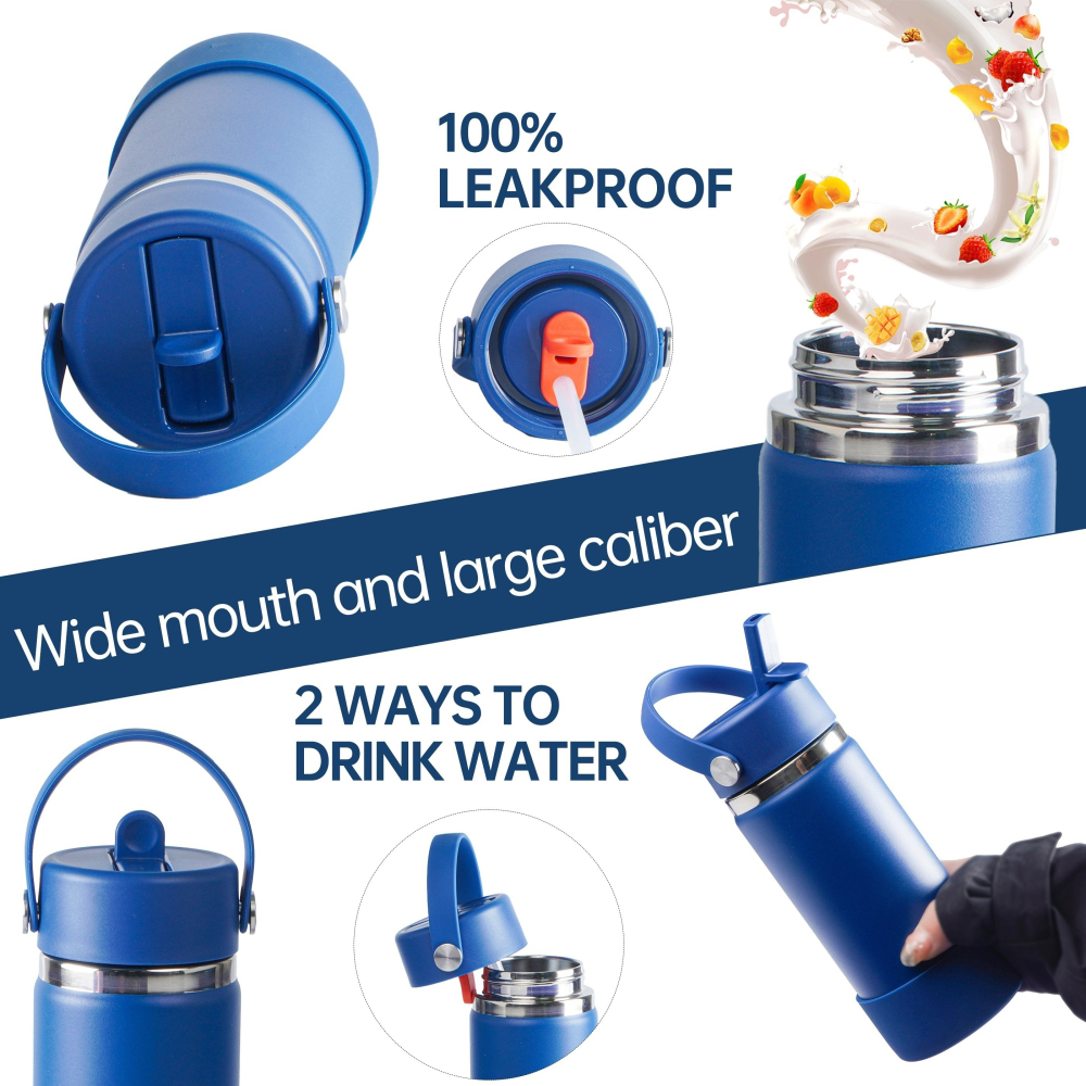 Bouteille d'eau isotherme en acier inoxydable à large ouverture avec couvercle à paille étanche et refermable pour boissons froides, gourde de sport, voyage, voiture et école