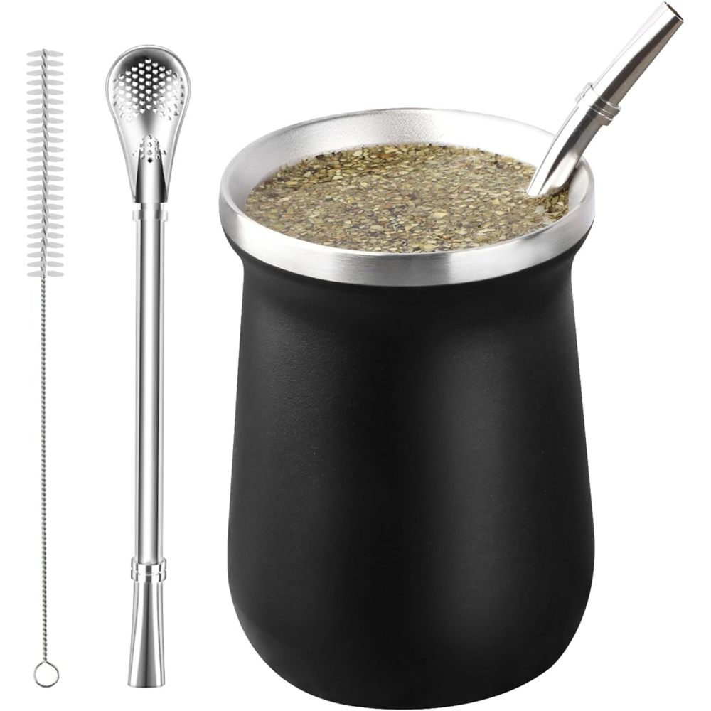 Juego de mate y bombilla Credrink Mate de calabaza de acero inoxidable con 2 pajitas y 1 cepillo de limpieza - Doble pared Fácil de usar y limpiar