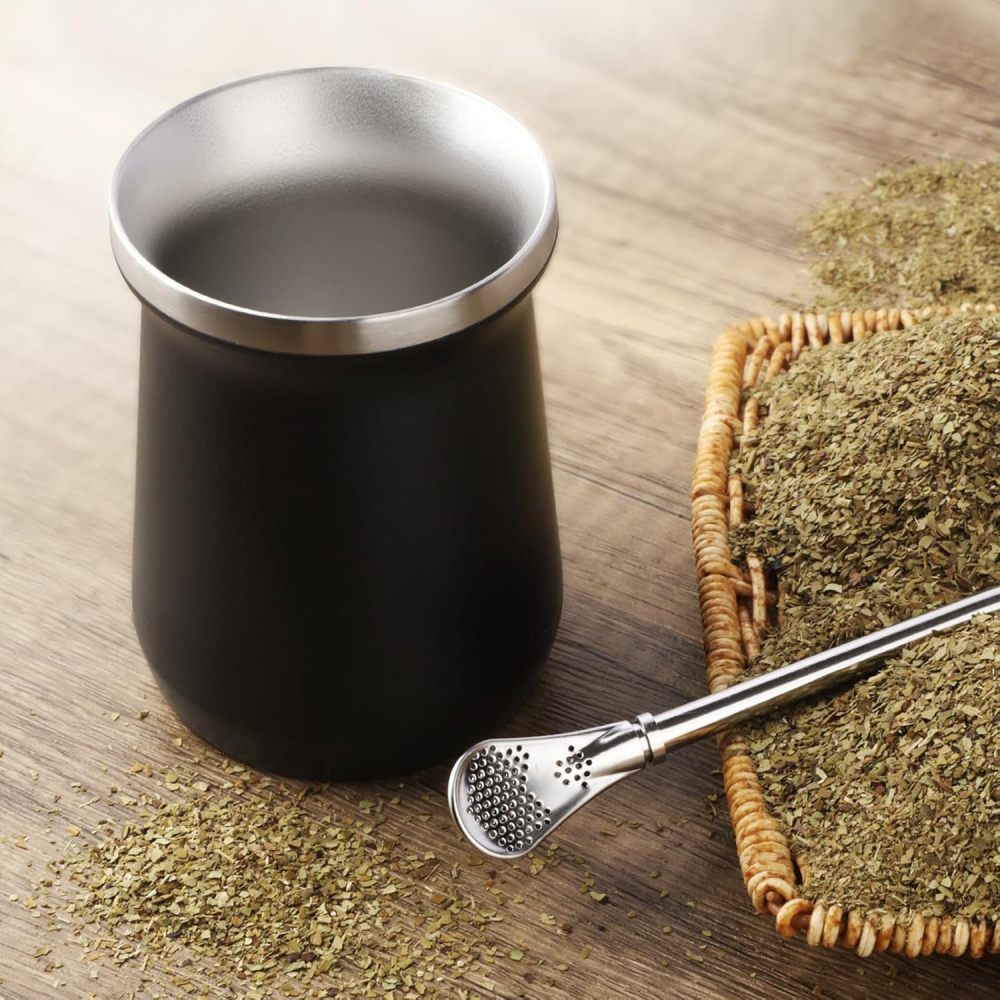 Juego de mate y bombilla Credrink Mate de calabaza de acero inoxidable con 2 pajitas y 1 cepillo de limpieza - Doble pared Fácil de usar y limpiar