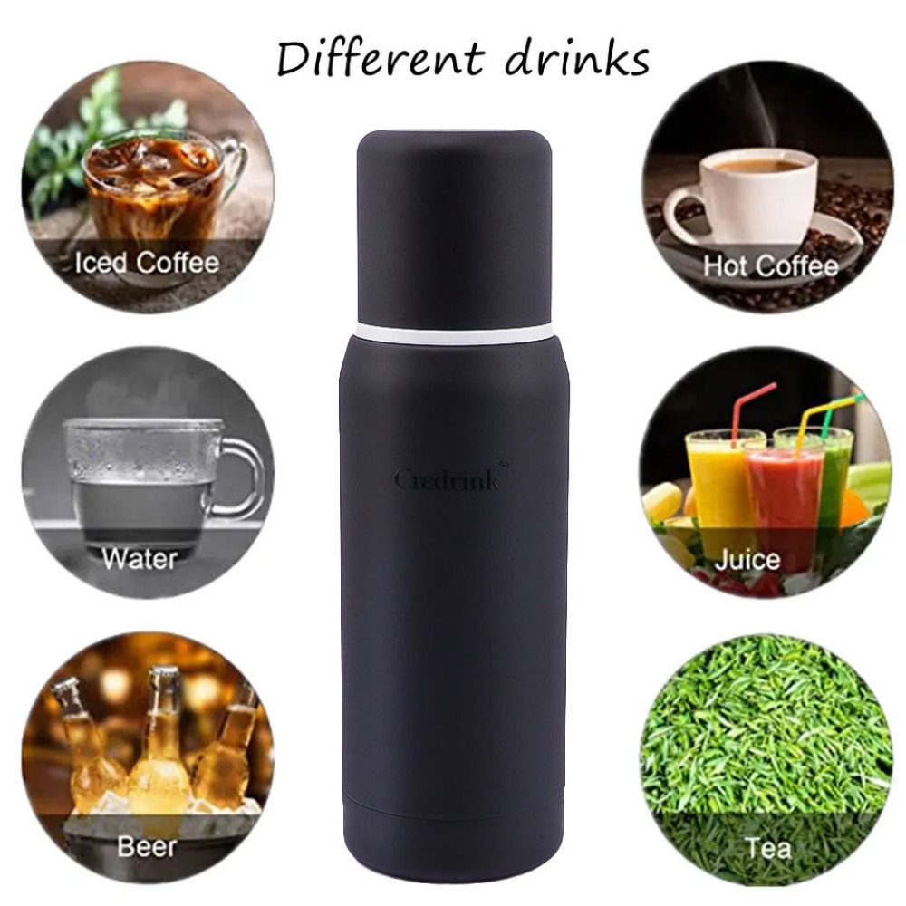 Credrink 500ml 슬림형 단열 스테인리스 스틸 보온병 음료, 누수 방지 뚜껑 및 내장형 컵 이중벽 단열, 24시간 뜨거운 음료, 커피, 차, 식기 세척기에 적합
