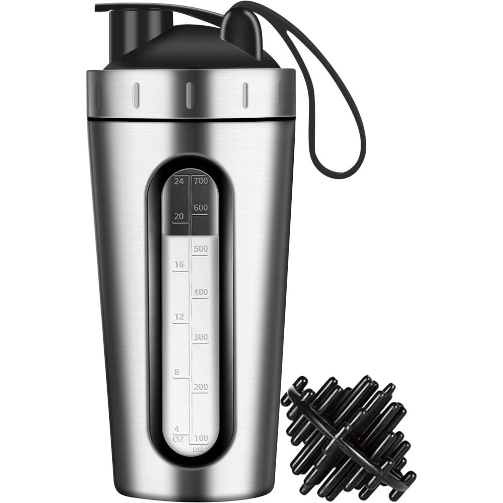 Bouteille shaker pour protéines Credrink, 28 oz, bouteilles shaker pour mélanges de protéines et pré-entraînement, fenêtre visible, bouteille shaker en acier inoxydable anti-fuite