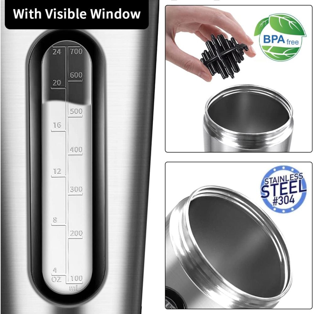 Bouteille shaker pour protéines Credrink, 28 oz, bouteilles shaker pour mélanges de protéines et pré-entraînement, fenêtre visible, bouteille shaker en acier inoxydable anti-fuite