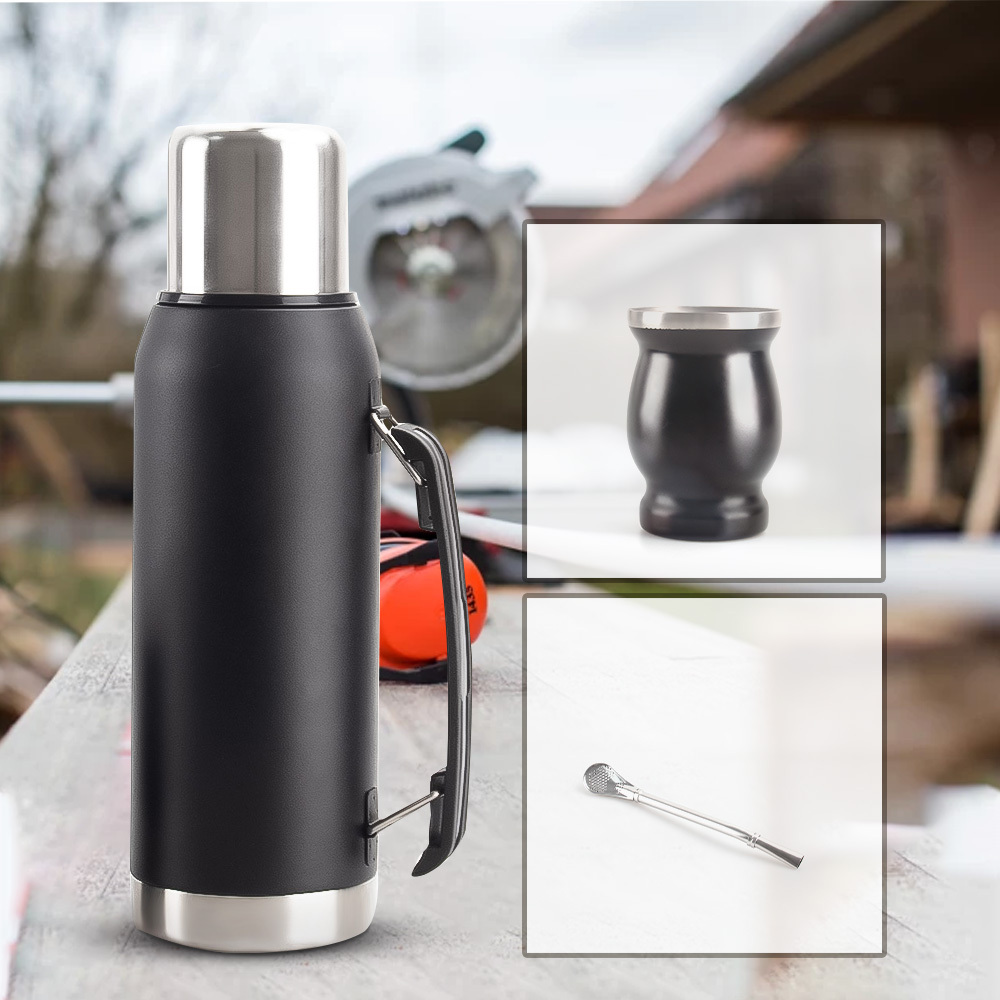 Credrink Complete Yerba Mate Set - 1L thermos with handle & 8oz Modern Mate Gourd cup with Bombilla and Cleaning Brush Included - All Premium Quality 304 18/8 Stainless Steel